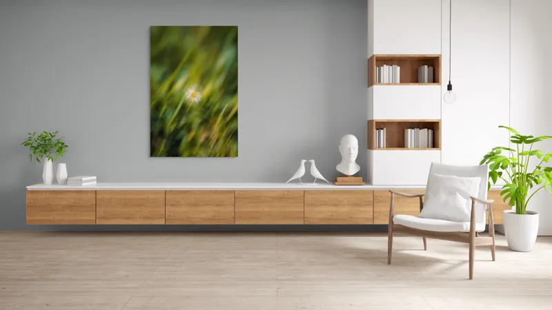 Tablou Canvas, "Margareta dansând în vântul verii", Floare, Singurătate, Verdeață, Estompare, Frumusețe, Natură, Seninătate, Simplitate, Culoare, Delicatețe, 100 x 150 cm – poza 8