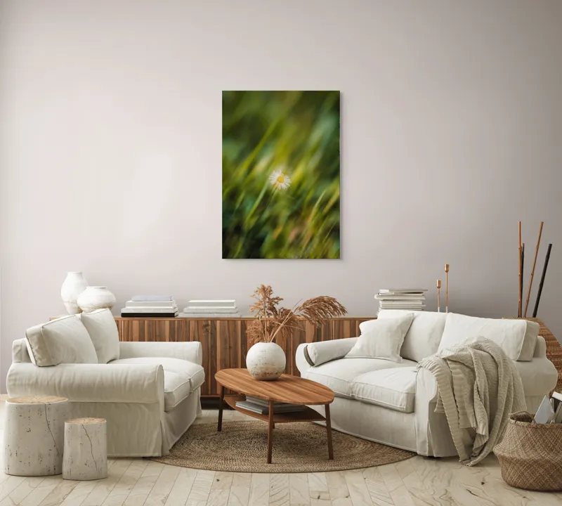 Tablou Canvas, "Margareta dansând în vântul verii", Floare, Singurătate, Verdeață, Estompare, Frumusețe, Natură, Seninătate, Simplitate, Culoare, Delicatețe, 70 x 100 cm – poza 4