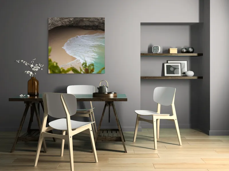 Tablou Canvas, "Valuri delicate pe plajă ascunsă", Plajă, Stânci, Nisip, Apă, Valuri, Vegetație, Natură, Relaxare, 100 x 100 cm – poza 6
