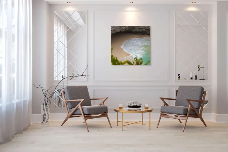 Tablou Canvas, "Valuri delicate pe plajă ascunsă", Plajă, Stânci, Nisip, Apă, Valuri, Vegetație, Natură, Relaxare, 100 x 100 cm – poza 7