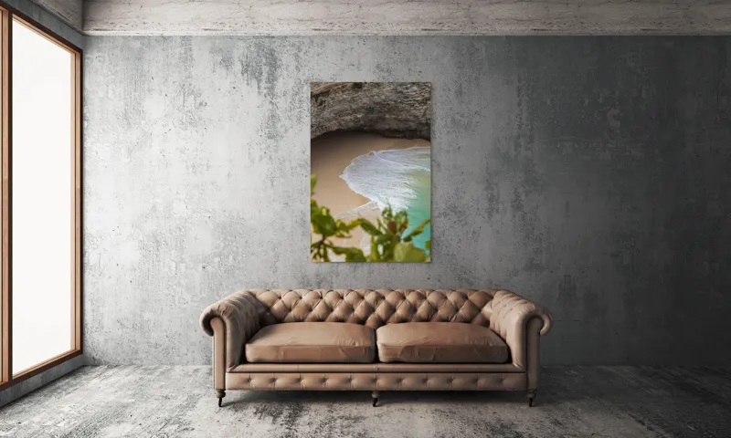 Tablou Canvas, "Valuri delicate pe plajă ascunsă", Plajă, Stânci, Nisip, Apă, Valuri, Vegetație, Natură, Relaxare, 100 x 150 cm – poza 6