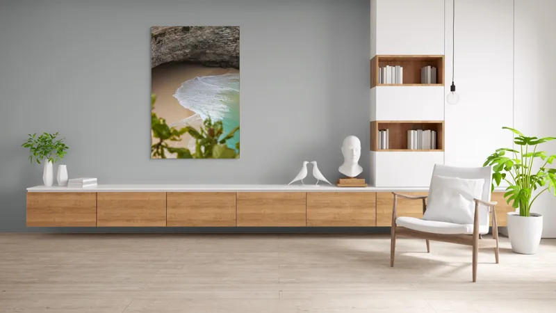 Tablou Canvas, "Valuri delicate pe plajă ascunsă", Plajă, Stânci, Nisip, Apă, Valuri, Vegetație, Natură, Relaxare, 100 x 150 cm – poza 8