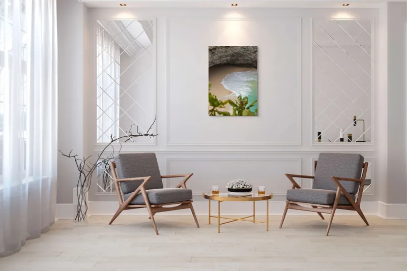 Tablou Canvas, "Valuri delicate pe plajă ascunsă", Plajă, Stânci, Nisip, Apă, Valuri, Vegetație, Natură, Relaxare, 70 x 100 cm – poza 8