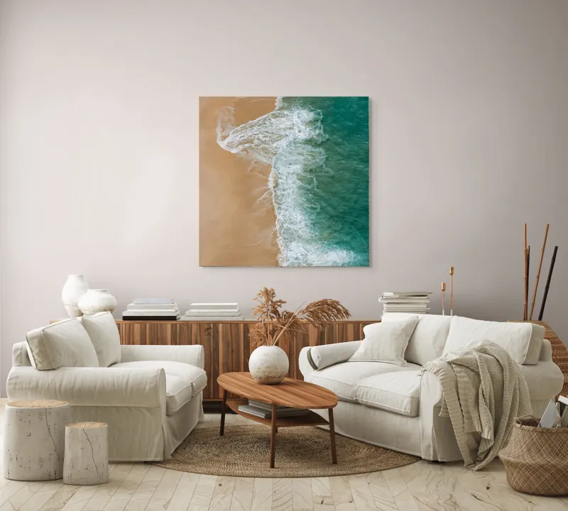 Tablou Canvas, "Valurile albe pe nisipul auriu", Valuri, Țărm, Apă, Nisip, Turcoaz, Spumă, Natură, Ocean, Liniște, Litoral, 100 x 100 cm – poza 3