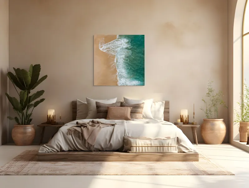 Tablou Canvas, "Valurile albe pe nisipul auriu", Valuri, Țărm, Apă, Nisip, Turcoaz, Spumă, Natură, Ocean, Liniște, Litoral, 100 x 100 cm – poza 4