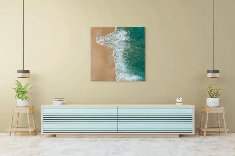 Tablou Canvas, "Valurile albe pe nisipul auriu", Valuri, Țărm, Apă, Nisip, Turcoaz, Spumă, Natură, Ocean, Liniște, Litoral, 100 x 100 cm – poza 5