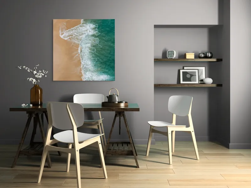 Tablou Canvas, "Valurile albe pe nisipul auriu", Valuri, Țărm, Apă, Nisip, Turcoaz, Spumă, Natură, Ocean, Liniște, Litoral, 100 x 100 cm – poza 6