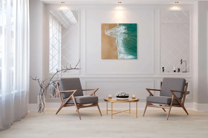 Tablou Canvas, "Valurile albe pe nisipul auriu", Valuri, Țărm, Apă, Nisip, Turcoaz, Spumă, Natură, Ocean, Liniște, Litoral, 100 x 100 cm – poza 7