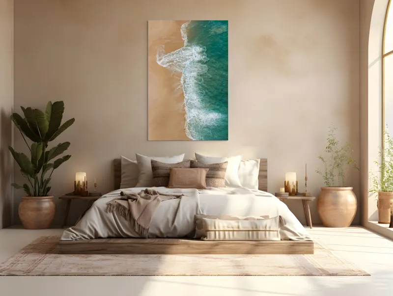 Tablou Canvas, "Valurile albe pe nisipul auriu", Valuri, Țărm, Apă, Nisip, Turcoaz, Spumă, Natură, Ocean, Liniște, Litoral, 100 x 150 cm – poza 3