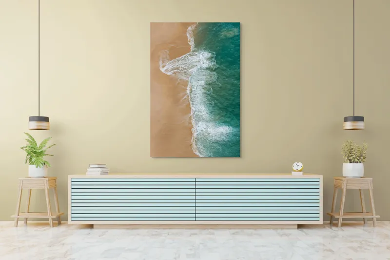 Tablou Canvas, "Valurile albe pe nisipul auriu", Valuri, Țărm, Apă, Nisip, Turcoaz, Spumă, Natură, Ocean, Liniște, Litoral, 100 x 150 cm – poza 4