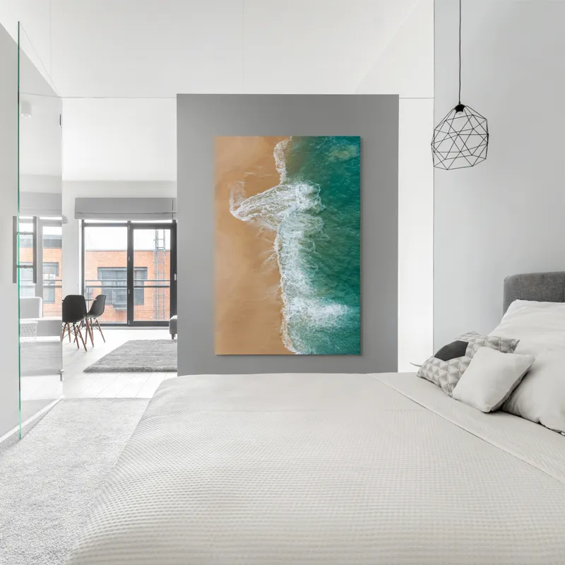 Tablou Canvas, "Valurile albe pe nisipul auriu", Valuri, Țărm, Apă, Nisip, Turcoaz, Spumă, Natură, Ocean, Liniște, Litoral, 100 x 150 cm – poza 5