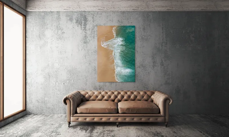 Tablou Canvas, "Valurile albe pe nisipul auriu", Valuri, Țărm, Apă, Nisip, Turcoaz, Spumă, Natură, Ocean, Liniște, Litoral, 100 x 150 cm – poza 6