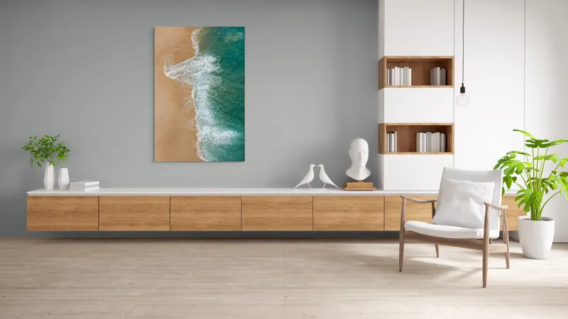 Tablou Canvas, "Valurile albe pe nisipul auriu", Valuri, Țărm, Apă, Nisip, Turcoaz, Spumă, Natură, Ocean, Liniște, Litoral, 100 x 150 cm – poza 8