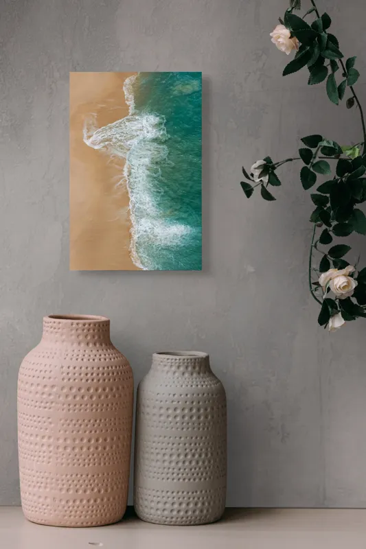 Tablou Canvas, "Valurile albe pe nisipul auriu", Valuri, Țărm, Apă, Nisip, Turcoaz, Spumă, Natură, Ocean, Liniște, Litoral, 26 x 39 cm – poza 6