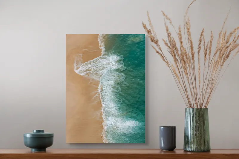 Tablou Canvas, "Valurile albe pe nisipul auriu", Valuri, Țărm, Apă, Nisip, Turcoaz, Spumă, Natură, Ocean, Liniște, Litoral, 39 x 54 cm – poza 3