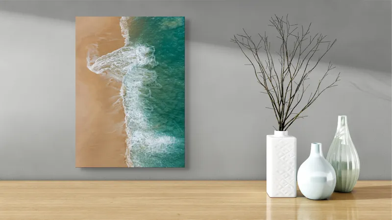 Tablou Canvas, "Valurile albe pe nisipul auriu", Valuri, Țărm, Apă, Nisip, Turcoaz, Spumă, Natură, Ocean, Liniște, Litoral, 39 x 54 cm – poza 4