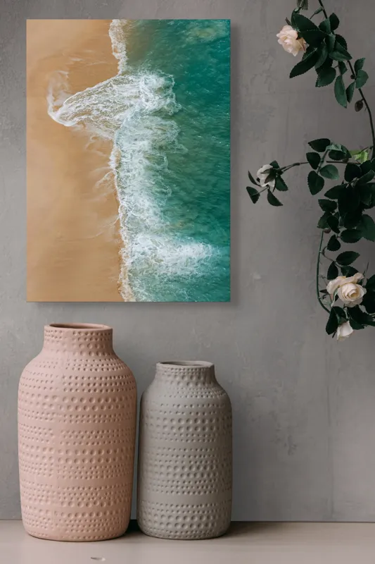 Tablou Canvas, "Valurile albe pe nisipul auriu", Valuri, Țărm, Apă, Nisip, Turcoaz, Spumă, Natură, Ocean, Liniște, Litoral, 39 x 54 cm – poza 6