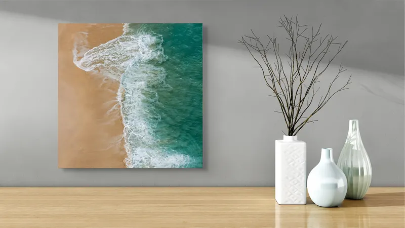 Tablou Canvas, "Valurile albe pe nisipul auriu", Valuri, Țărm, Apă, Nisip, Turcoaz, Spumă, Natură, Ocean, Liniște, Litoral, 50 x 50 cm – poza 3