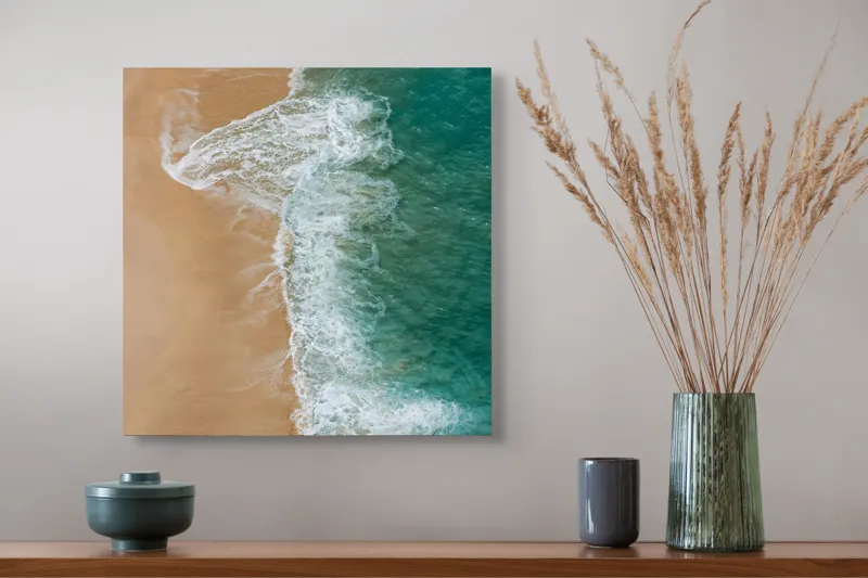 Tablou Canvas, "Valurile albe pe nisipul auriu", Valuri, Țărm, Apă, Nisip, Turcoaz, Spumă, Natură, Ocean, Liniște, Litoral, 50 x 50 cm – poza 4
