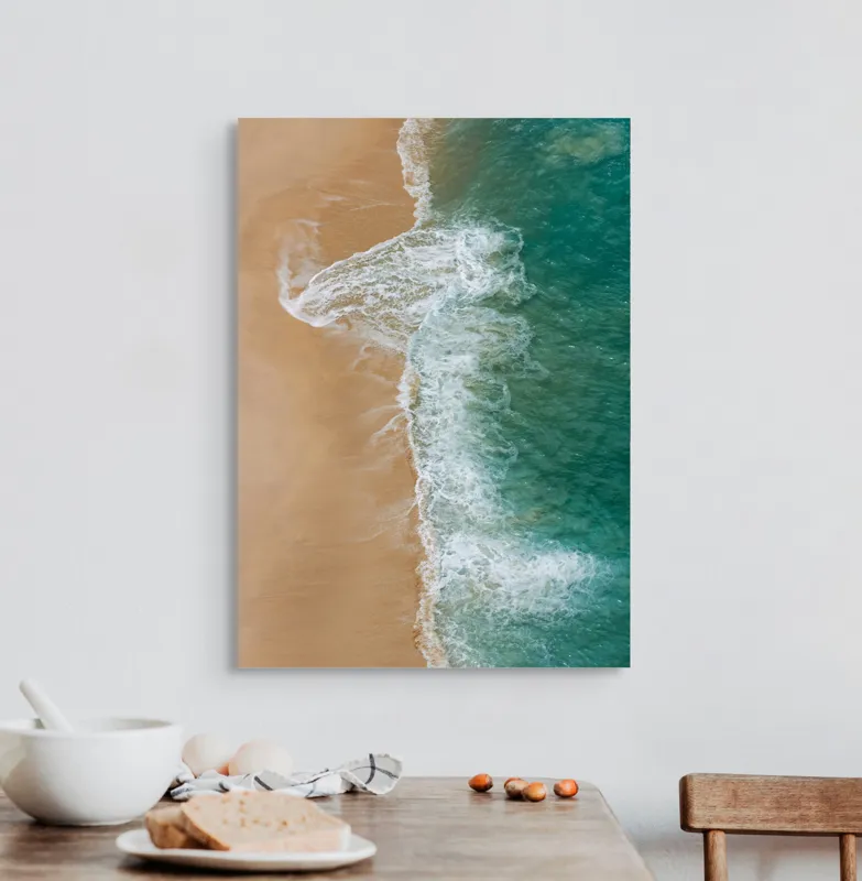 Tablou Canvas, "Valurile albe pe nisipul auriu", Valuri, Țărm, Apă, Nisip, Turcoaz, Spumă, Natură, Ocean, Liniște, Litoral, 50 x 70 cm – poza 3