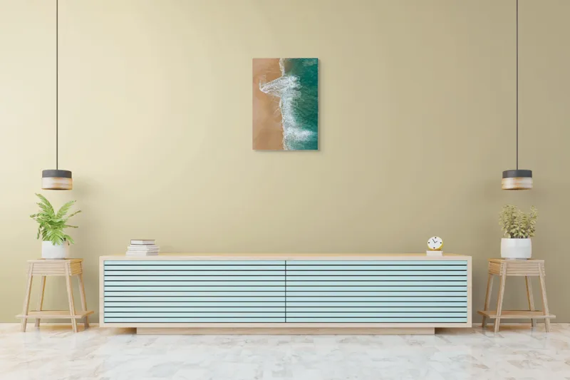 Tablou Canvas, "Valurile albe pe nisipul auriu", Valuri, Țărm, Apă, Nisip, Turcoaz, Spumă, Natură, Ocean, Liniște, Litoral, 50 x 70 cm – poza 6