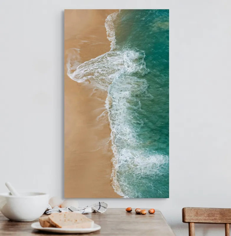 Tablou Canvas, "Valurile albe pe nisipul auriu", Valuri, Țărm, Apă, Nisip, Turcoaz, Spumă, Natură, Ocean, Liniște, Litoral, 50 x 90 cm – poza 3