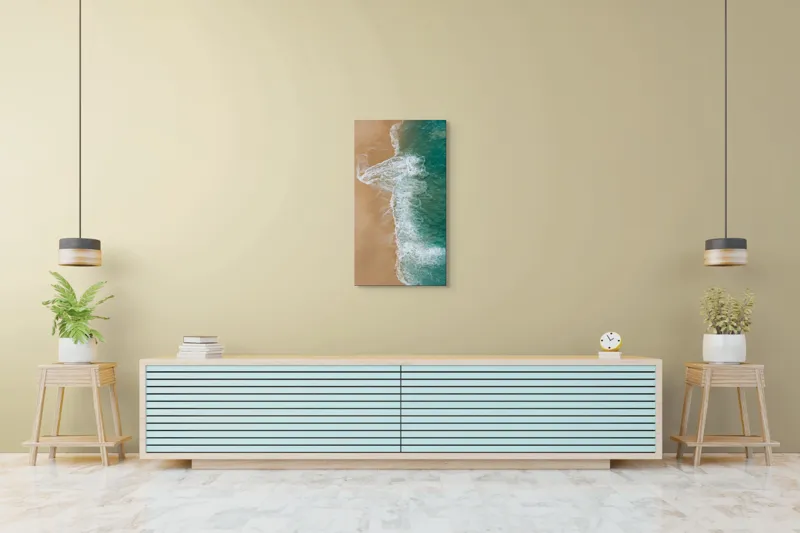 Tablou Canvas, "Valurile albe pe nisipul auriu", Valuri, Țărm, Apă, Nisip, Turcoaz, Spumă, Natură, Ocean, Liniște, Litoral, 50 x 90 cm – poza 6