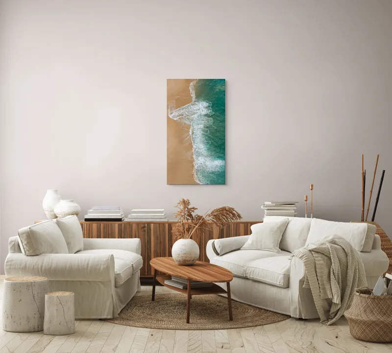 Tablou Canvas, "Valurile albe pe nisipul auriu", Valuri, Țărm, Apă, Nisip, Turcoaz, Spumă, Natură, Ocean, Liniște, Litoral, 50 x 90 cm – poza 7