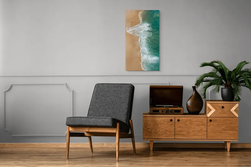 Tablou Canvas, "Valurile albe pe nisipul auriu", Valuri, Țărm, Apă, Nisip, Turcoaz, Spumă, Natură, Ocean, Liniște, Litoral, 50 x 90 cm – poza 8