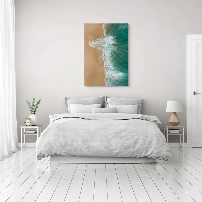 Tablou Canvas, "Valurile albe pe nisipul auriu", Valuri, Țărm, Apă, Nisip, Turcoaz, Spumă, Natură, Ocean, Liniște, Litoral, 70 x 100 cm – poza 3
