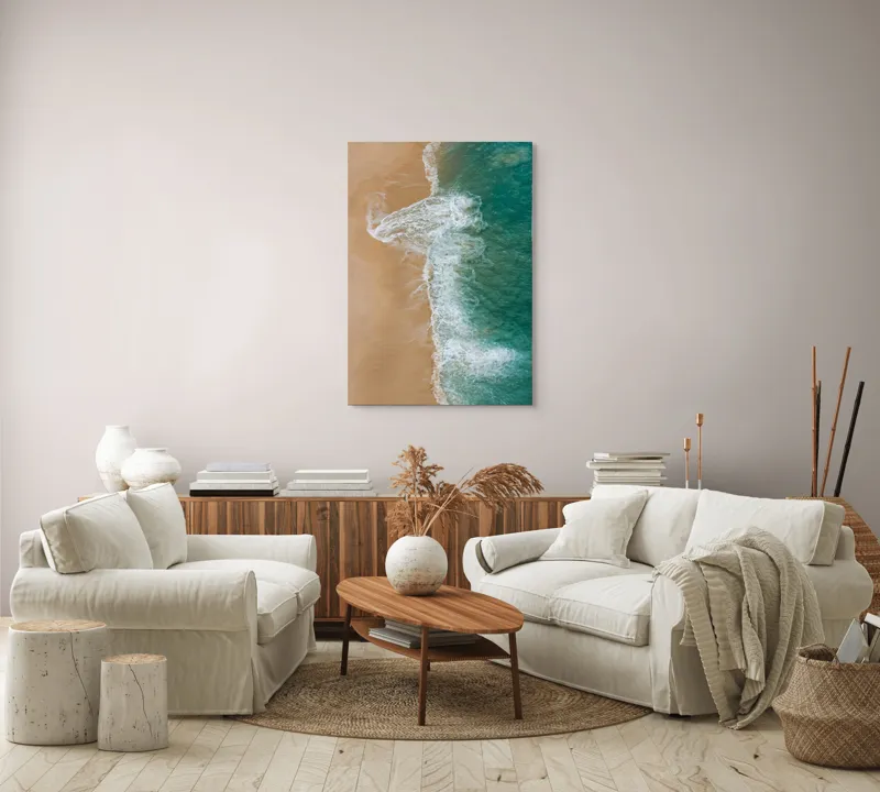 Tablou Canvas, "Valurile albe pe nisipul auriu", Valuri, Țărm, Apă, Nisip, Turcoaz, Spumă, Natură, Ocean, Liniște, Litoral, 70 x 100 cm – poza 4