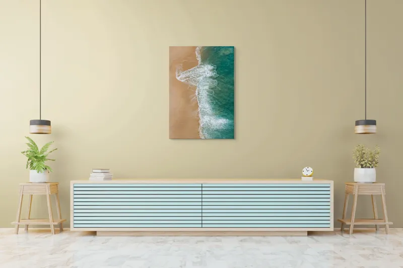Tablou Canvas, "Valurile albe pe nisipul auriu", Valuri, Țărm, Apă, Nisip, Turcoaz, Spumă, Natură, Ocean, Liniște, Litoral, 70 x 100 cm – poza 5