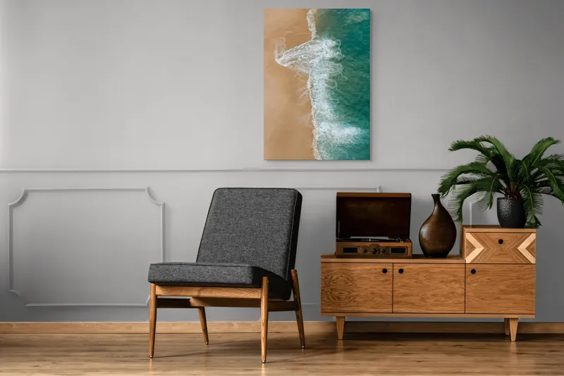 Tablou Canvas, "Valurile albe pe nisipul auriu", Valuri, Țărm, Apă, Nisip, Turcoaz, Spumă, Natură, Ocean, Liniște, Litoral, 70 x 100 cm – poza 6