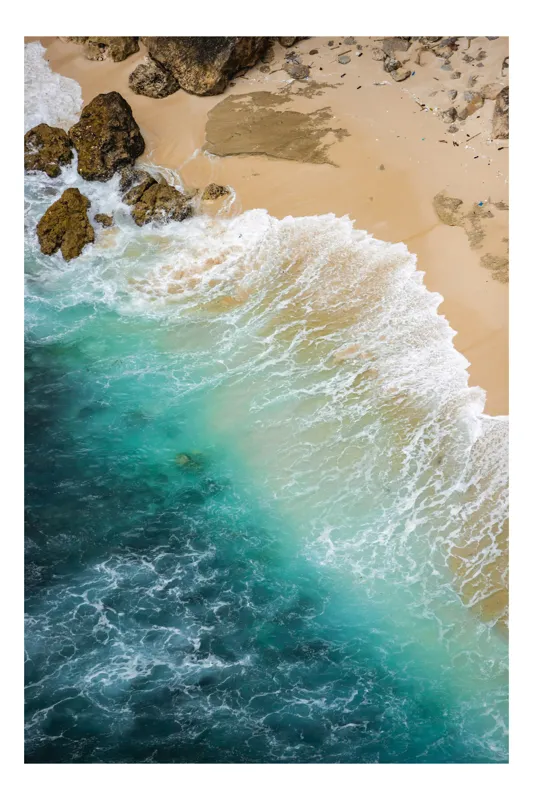 Tablou Canvas, "Valurile mării la țărmul nisipos", Ocean, Valuri, Nisip, Stânci, Liniște, Azur, Natură, Litoral, 50 x 50 cm