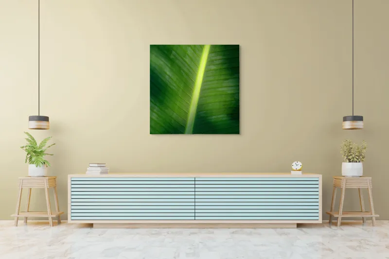 Tablou Canvas, "Frunza luminată de soare blând", Verde, Lumină, Textură, Natură, Nervuri, Frunză, Strălucire, Vitalitate, 100 x 100 cm – poza 5