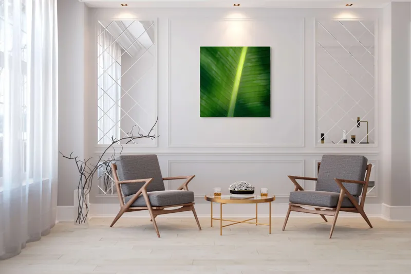 Tablou Canvas, "Frunza luminată de soare blând", Verde, Lumină, Textură, Natură, Nervuri, Frunză, Strălucire, Vitalitate, 100 x 100 cm – poza 7