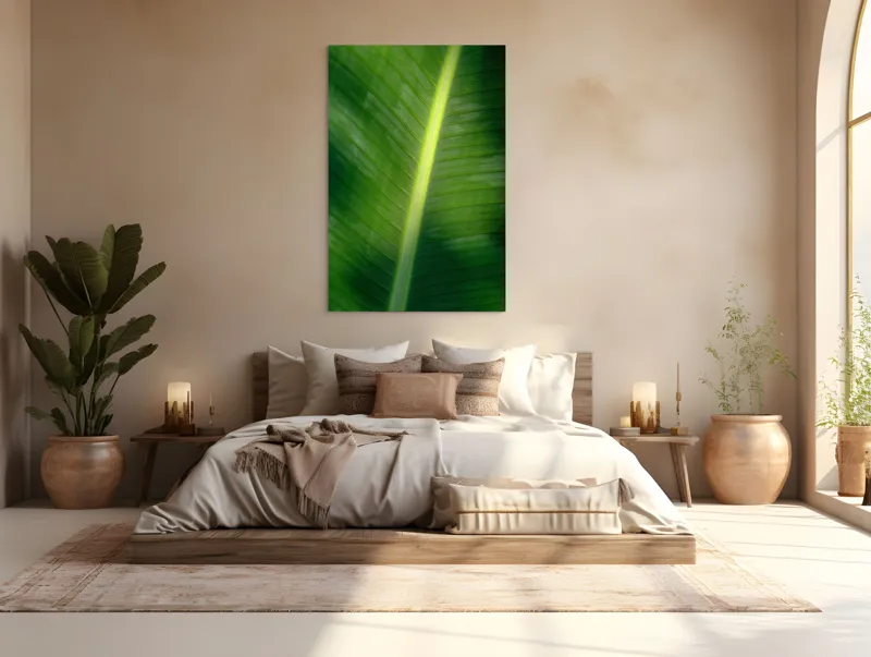 Tablou Canvas, "Frunza luminată de soare blând", Verde, Lumină, Textură, Natură, Nervuri, Frunză, Strălucire, Vitalitate, 100 x 150 cm – poza 3