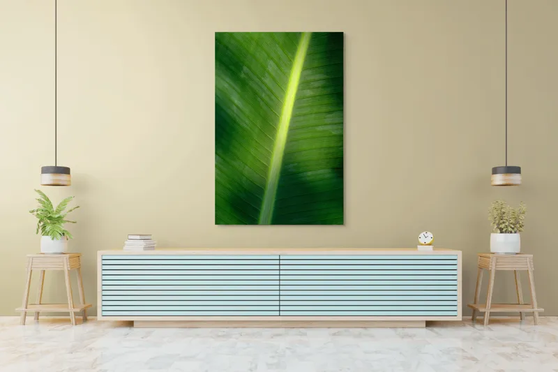 Tablou Canvas, "Frunza luminată de soare blând", Verde, Lumină, Textură, Natură, Nervuri, Frunză, Strălucire, Vitalitate, 100 x 150 cm – poza 4