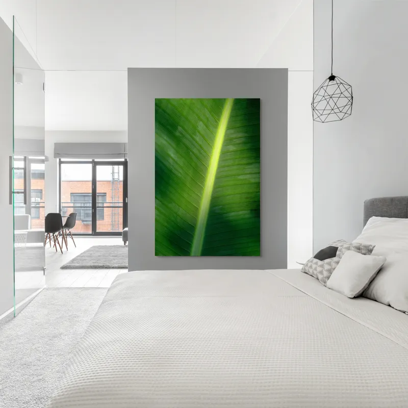 Tablou Canvas, "Frunza luminată de soare blând", Verde, Lumină, Textură, Natură, Nervuri, Frunză, Strălucire, Vitalitate, 100 x 150 cm – poza 5