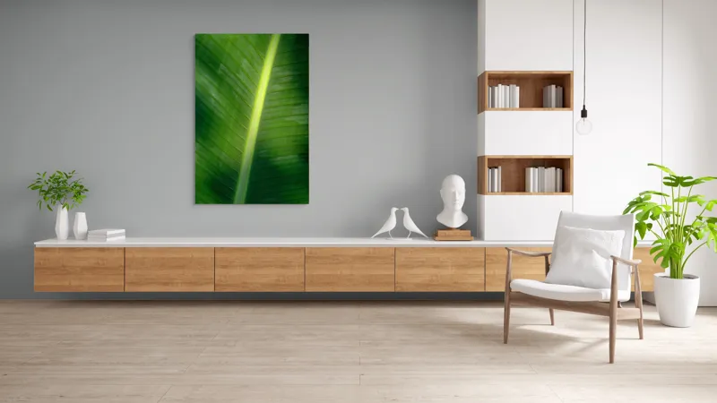 Tablou Canvas, "Frunza luminată de soare blând", Verde, Lumină, Textură, Natură, Nervuri, Frunză, Strălucire, Vitalitate, 100 x 150 cm – poza 8