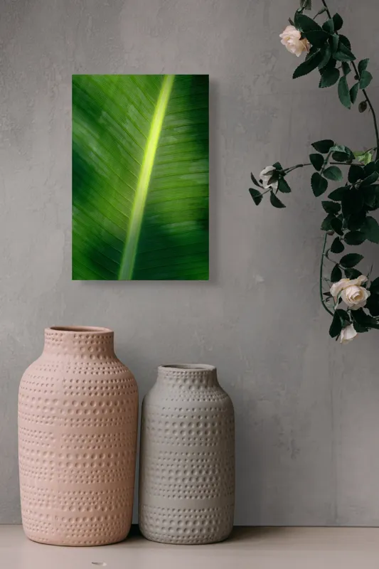 Tablou Canvas, "Frunza luminată de soare blând", Verde, Lumină, Textură, Natură, Nervuri, Frunză, Strălucire, Vitalitate, 26 x 39 cm – poza 6