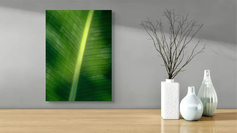 Tablou Canvas, "Frunza luminată de soare blând", Verde, Lumină, Textură, Natură, Nervuri, Frunză, Strălucire, Vitalitate, 39 x 54 cm – poza 4