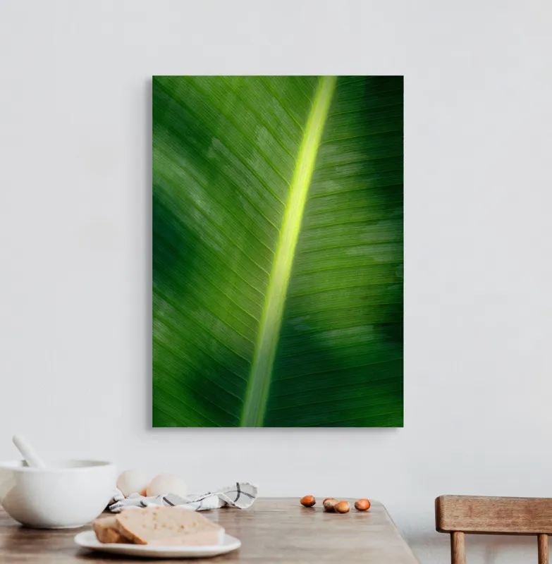 Tablou Canvas, "Frunza luminată de soare blând", Verde, Lumină, Textură, Natură, Nervuri, Frunză, Strălucire, Vitalitate, 50 x 70 cm – poza 3