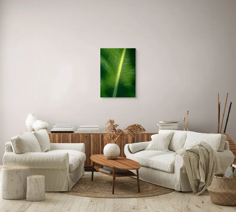 Tablou Canvas, "Frunza luminată de soare blând", Verde, Lumină, Textură, Natură, Nervuri, Frunză, Strălucire, Vitalitate, 50 x 70 cm – poza 4
