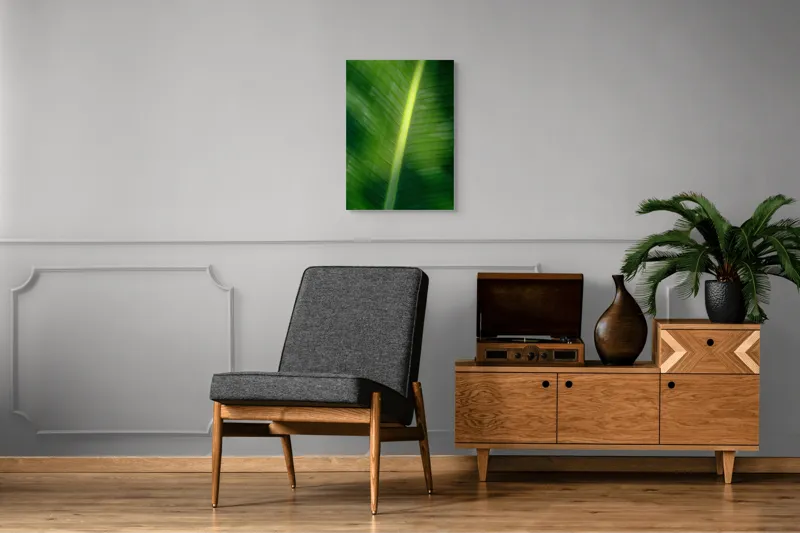 Tablou Canvas, "Frunza luminată de soare blând", Verde, Lumină, Textură, Natură, Nervuri, Frunză, Strălucire, Vitalitate, 50 x 70 cm – poza 8