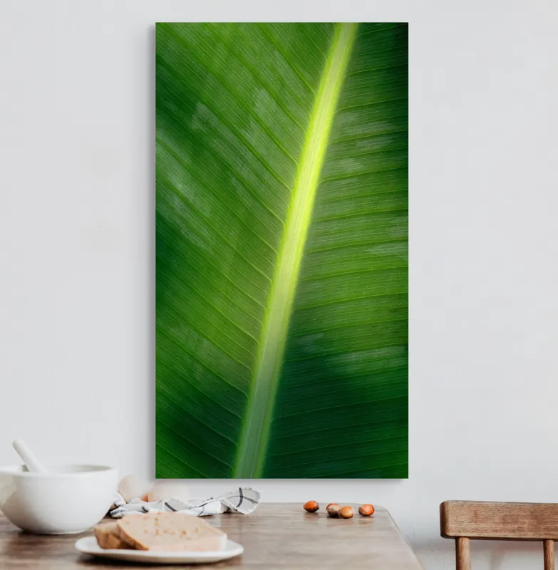 Tablou Canvas, "Frunza luminată de soare blând", Verde, Lumină, Textură, Natură, Nervuri, Frunză, Strălucire, Vitalitate, 50 x 90 cm – poza 3