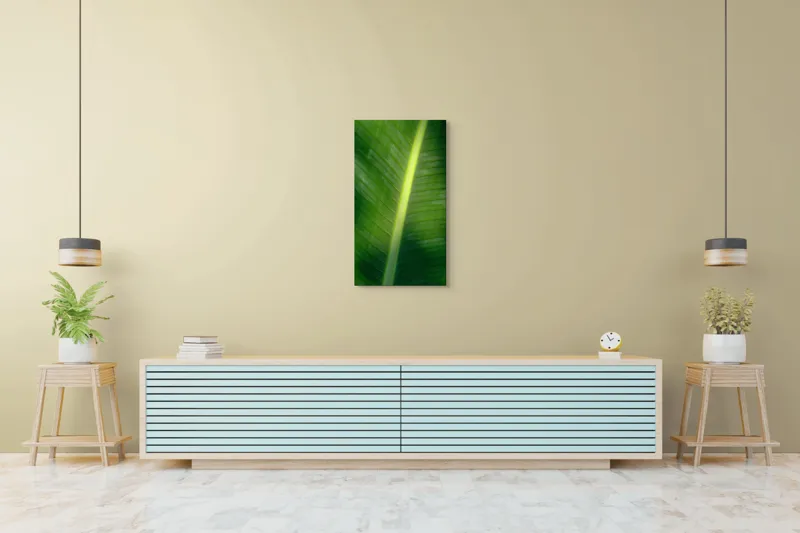 Tablou Canvas, "Frunza luminată de soare blând", Verde, Lumină, Textură, Natură, Nervuri, Frunză, Strălucire, Vitalitate, 50 x 90 cm – poza 6