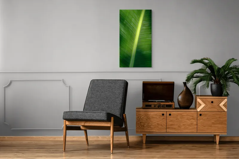 Tablou Canvas, "Frunza luminată de soare blând", Verde, Lumină, Textură, Natură, Nervuri, Frunză, Strălucire, Vitalitate, 50 x 90 cm – poza 8