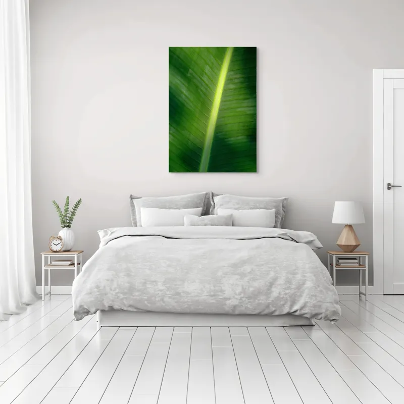 Tablou Canvas, "Frunza luminată de soare blând", Verde, Lumină, Textură, Natură, Nervuri, Frunză, Strălucire, Vitalitate, 70 x 100 cm – poza 3
