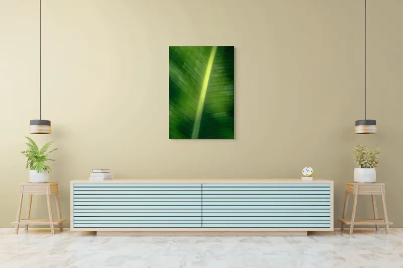 Tablou Canvas, "Frunza luminată de soare blând", Verde, Lumină, Textură, Natură, Nervuri, Frunză, Strălucire, Vitalitate, 70 x 100 cm – poza 5